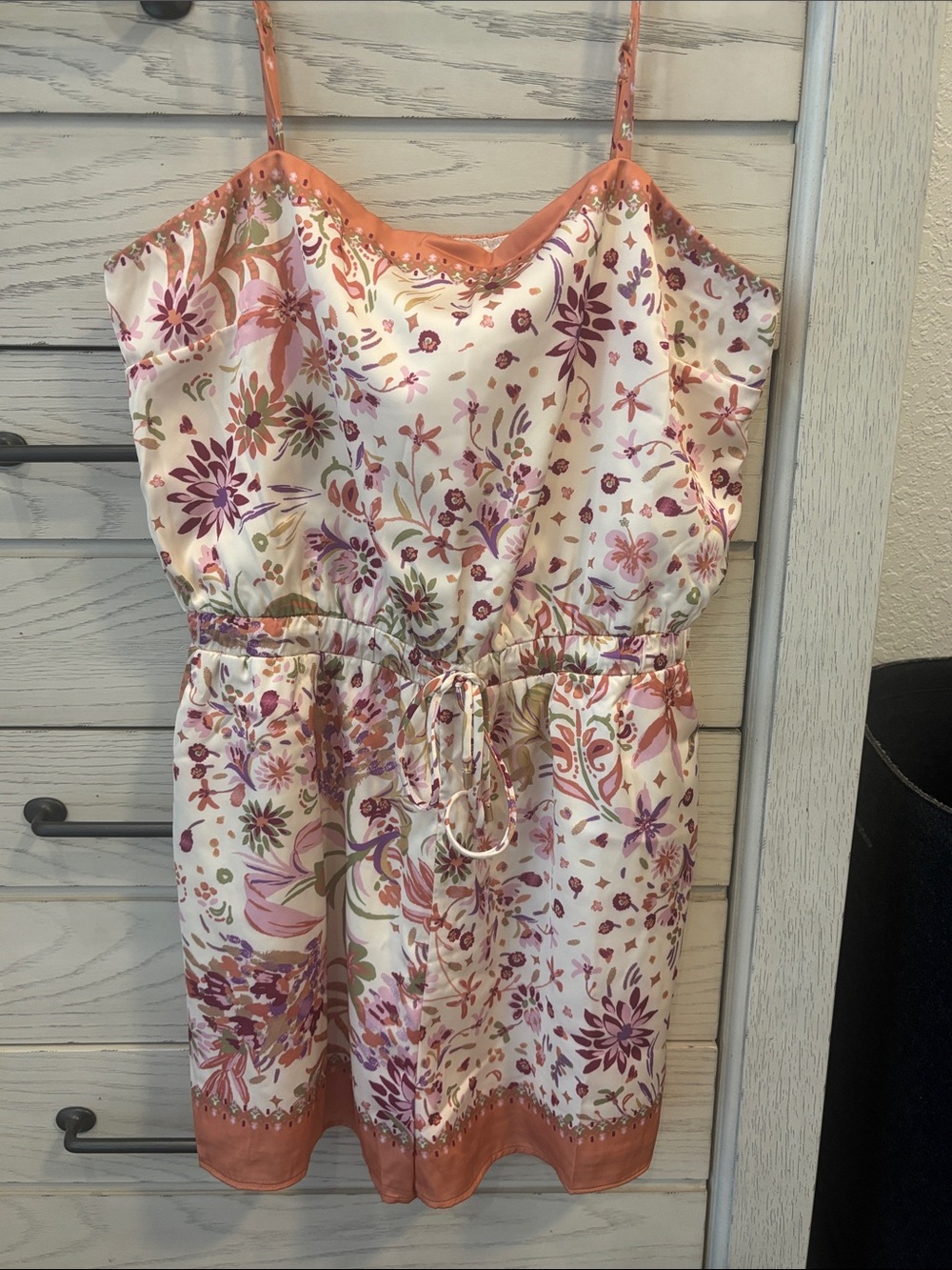 Skies Are Blue Cream Romper with Coral and Purple Floral Print